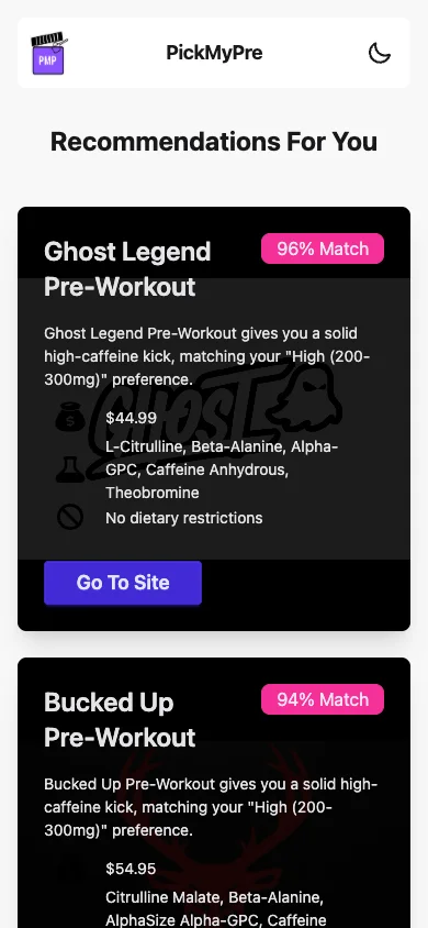 Pick My Pre results on a phone, showing matched supplements