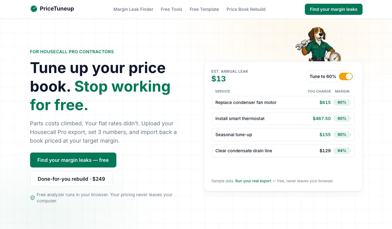 PriceTuneup home page with a sample margin leak report