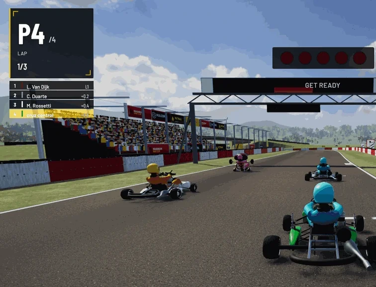 Race start in Apex Karting: four karts on the grid under five red lights and a Get Ready gantry