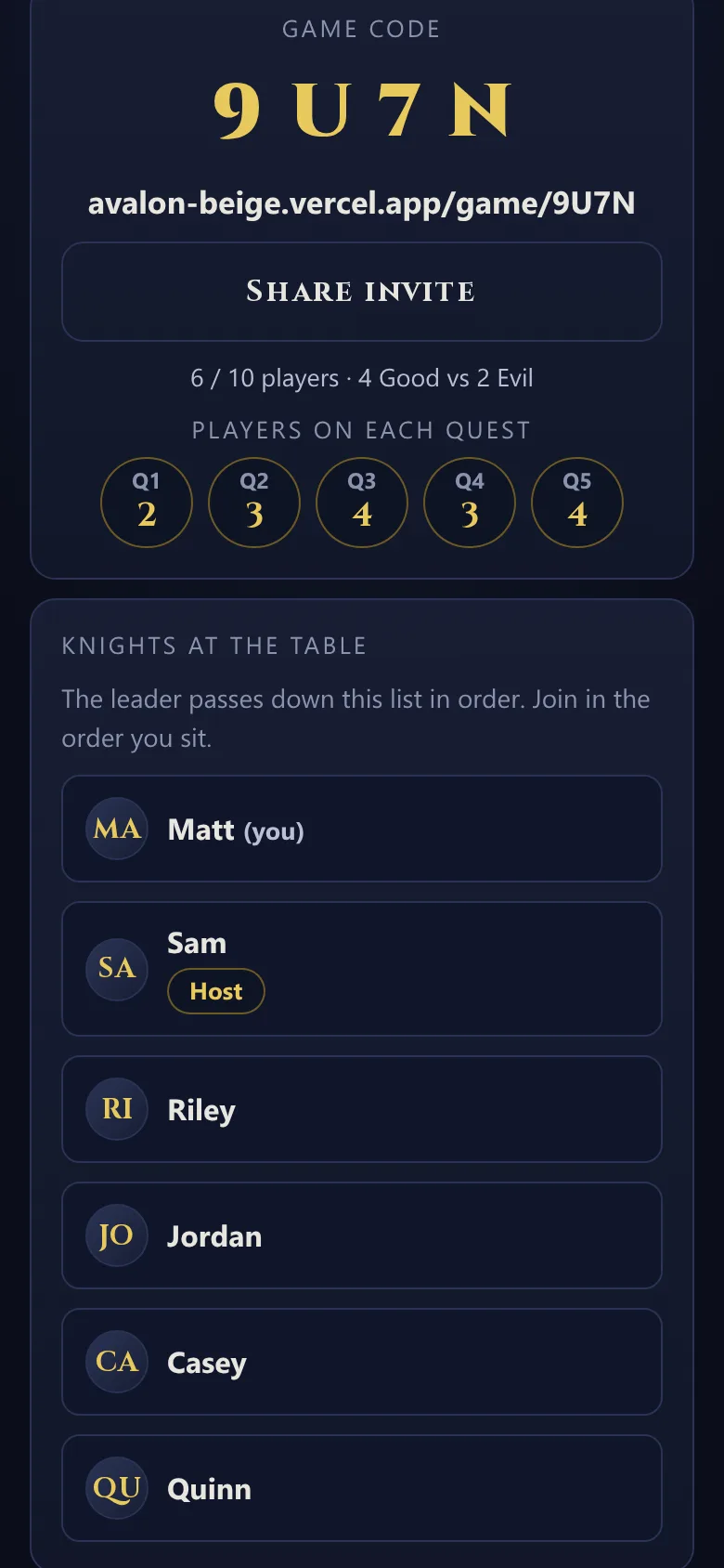 Avalon lobby: room code, invite link and six players waiting for the host to start