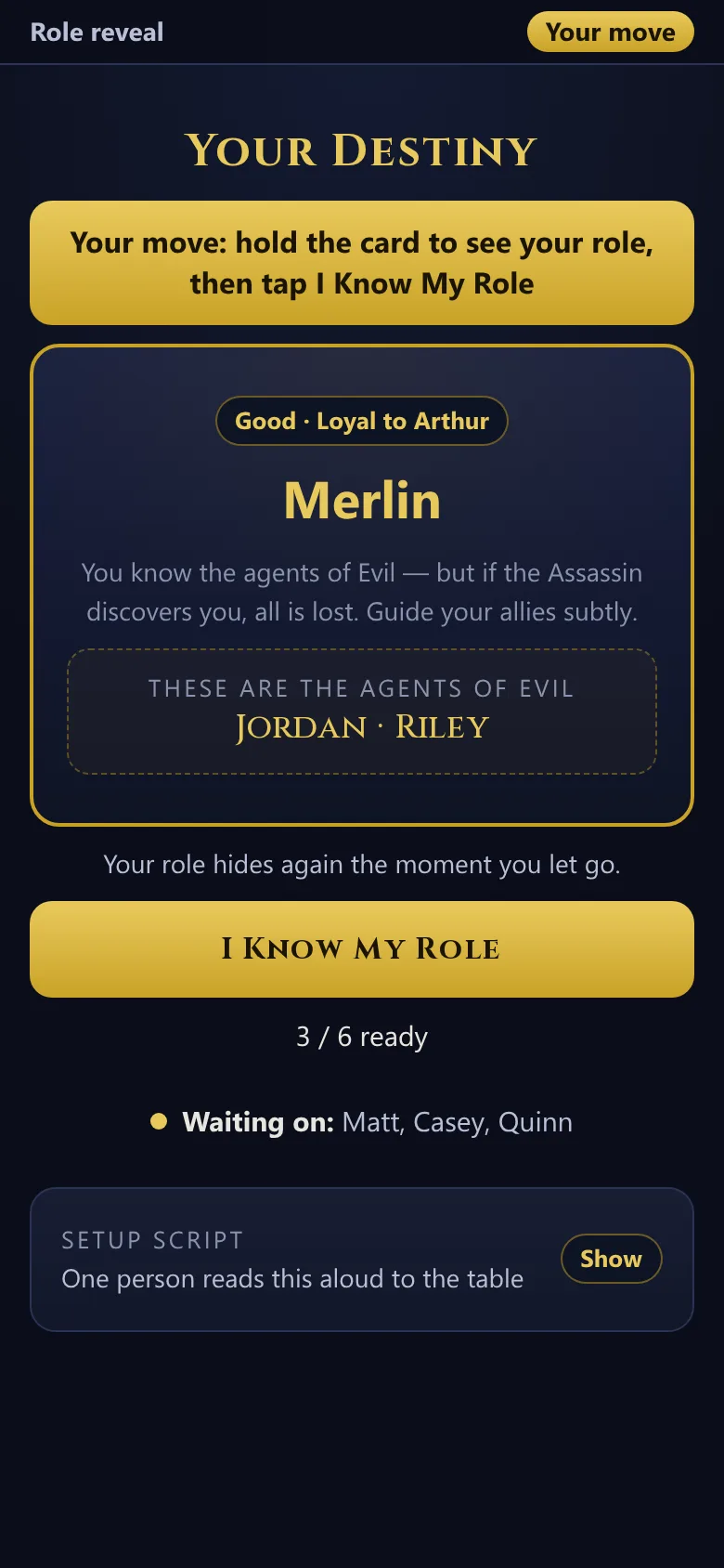 Avalon role card held open: Merlin, with the two agents of Evil named