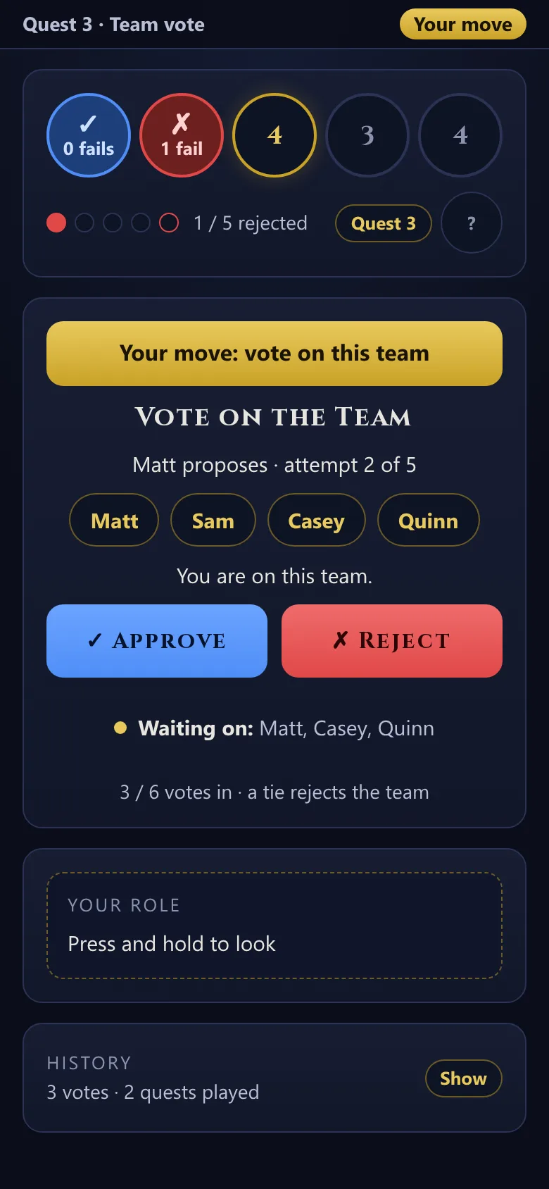 Avalon team vote: Approve and Reject buttons for a four-player team, with three of six votes in