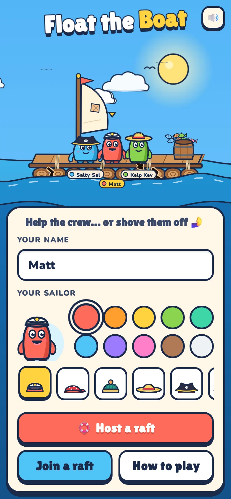 Float the Boat home screen: a raft of sailors above a name field, sailor picker and Host a raft button