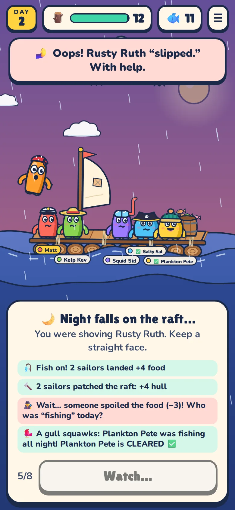 Night two: Rusty Ruth flies off the raft as the caption reads Oops, Rusty Ruth slipped, with help, above a log of the day's work