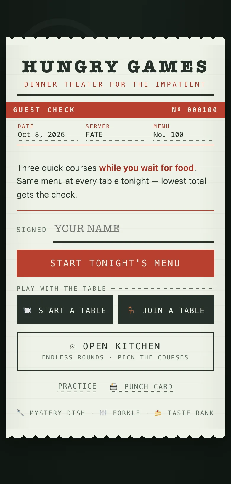 Hungry Games cover, styled as a diner guest check with a Start tonight's menu button
