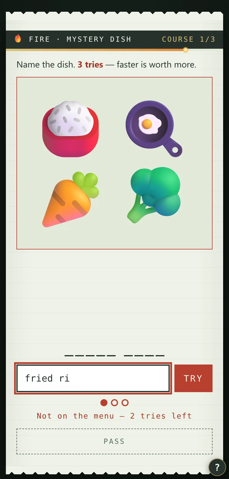 Mystery Dish course: four emojis to name as a dish, one wrong guess used and a second being typed