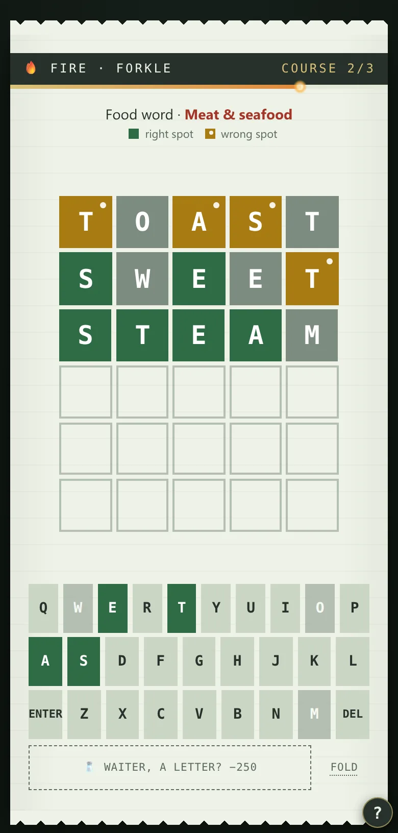 Forkle course: three guesses in on a six-row letter grid, with a waiter who sells a letter hint