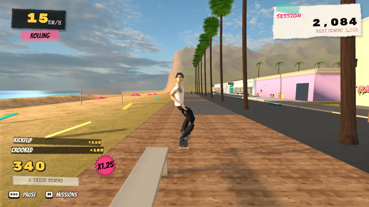 Skater riding a beachfront boardwalk past palm trees with a kickflip combo score on screen