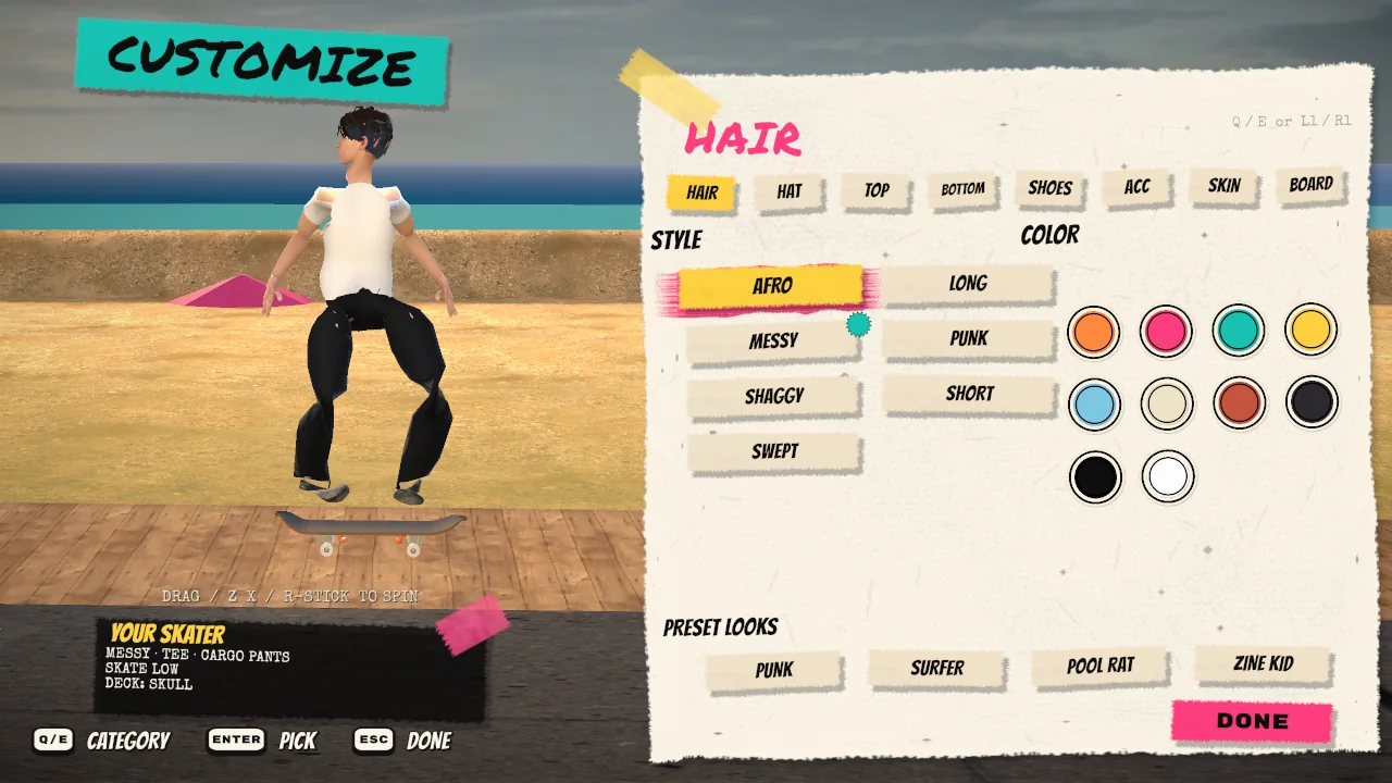 Customize screen with the skater on the beach and a paper-style panel of hair styles and colors