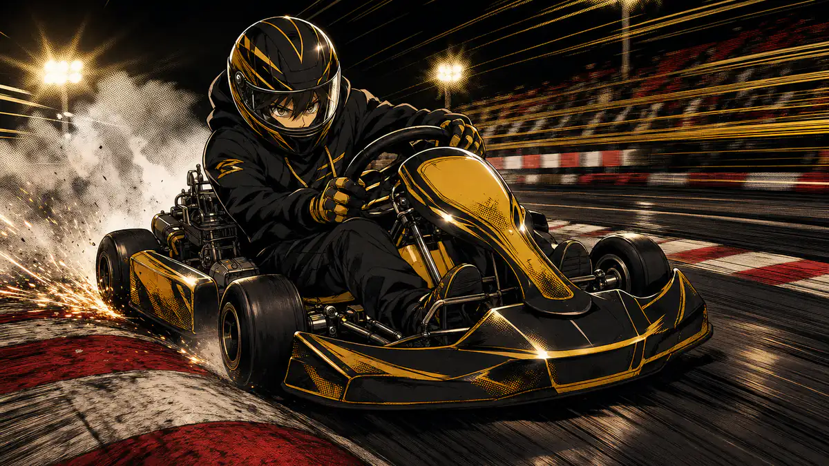 Anime illustration of a gold and black go-kart drifting through a corner under floodlights