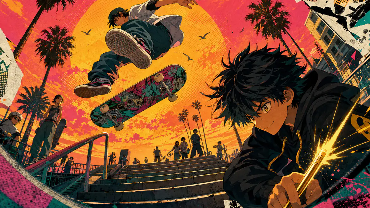 Anime illustration of a skater mid-kickflip over a stair set at sunset