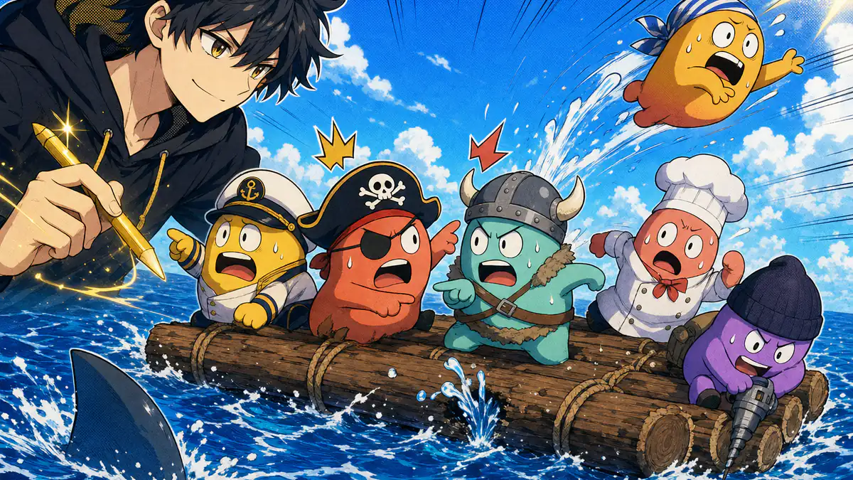 Cartoon bean-shaped sailors in different hats arguing on a log raft while a shark circles