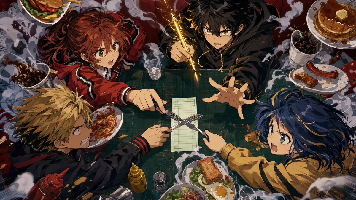 Anime illustration of four friends reaching for the check across a diner table