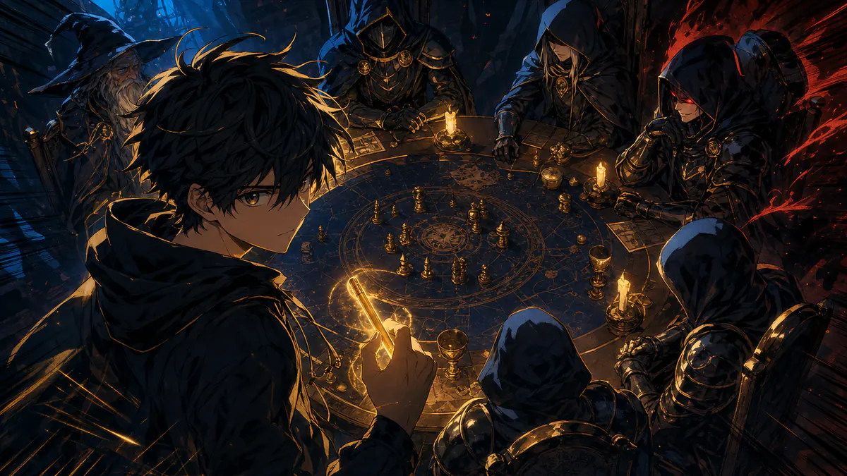 Anime illustration of hooded knights around a candlelit round table